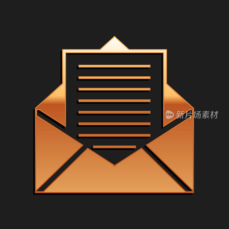 Gold Mail and e-mail icon isolated on black background. Envelope symbol e-mail. Email message sign. Long shadow style. Vector